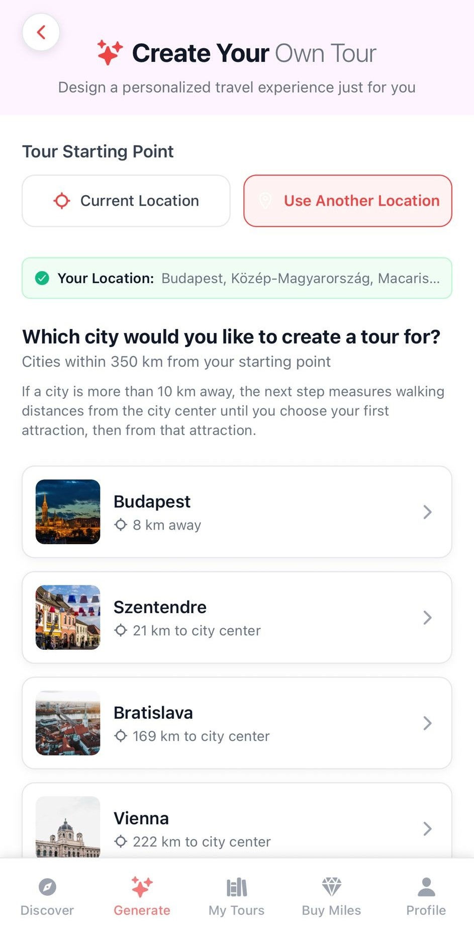 Create your own tour screen